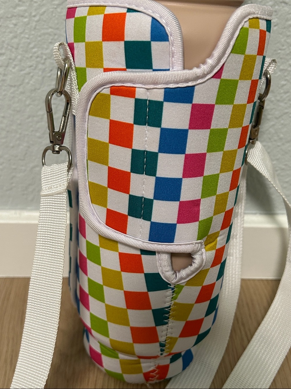 Water Bottle Cup Sleeve With Pouch Crossbody Water Bottle Holder- White Strap - Picture 16 of 16